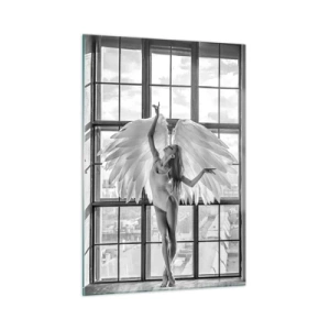 Impression sur verre - Image sur verre - Ballerine avec des ailes d'ange en noir et blanc - 50x70cm - La ville des anges? - Décoration murale moderne pour le salon et la chambre ARTTOR