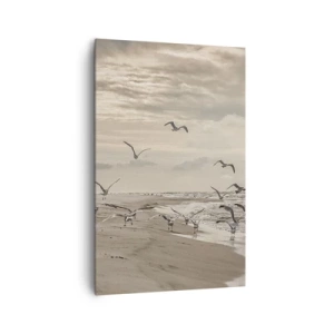 Impression sur toile - Image sur toile - Une mouette en vol au-dessus d'un paysage balnéaire - 80x120cm - Le bruit de la mer, le chant des oiseaux - Décoration murale moderne pour le salon et la chambre ARTTOR