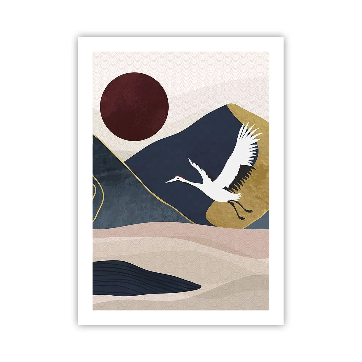 Affiche - Poster - Graphique minimaliste avec une grue et un paysage de montagne - 50x70cm - Encore une fois, la journée s'est ÉCOULÉE - Décoration murale moderne pour le salon et la chambre ARTTOR