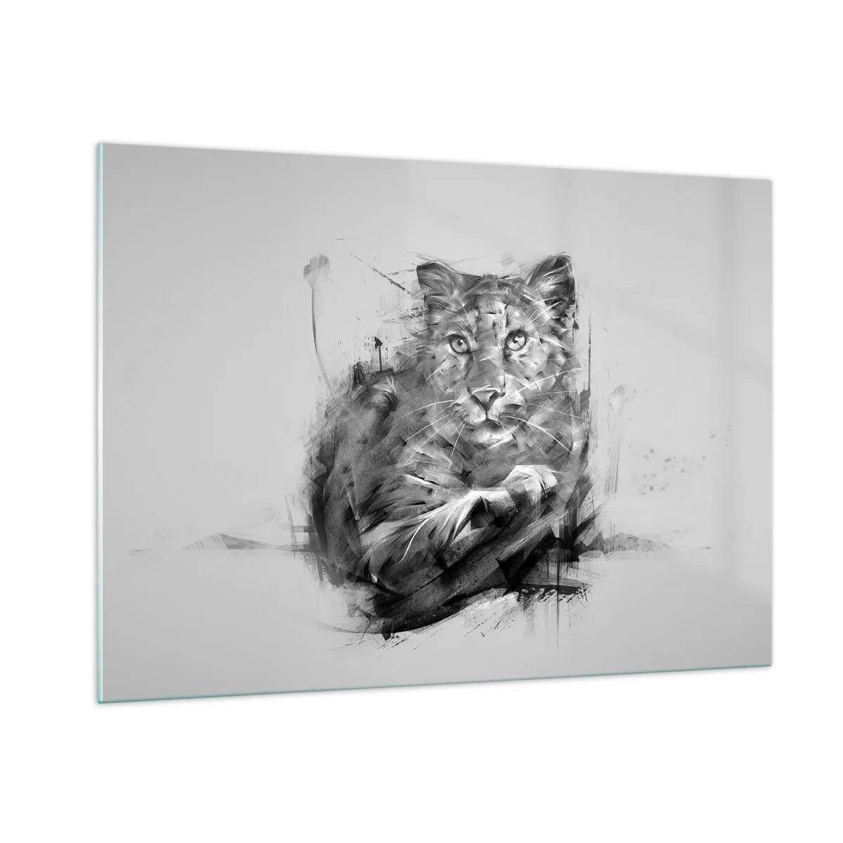 Impression sur verre - Image sur verre - Un dessin d'un tigre dans un style monochrome sur un fond clair - 100x70cm - Oui, j'écoute attentivement - Décoration murale moderne pour le salon et la chambre ARTTOR