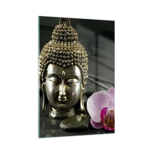 Impression sur verre - Image sur verre - Tête bouddhiste avec une fleur rose sur un fond de pierres - 50x70cm - Harmonie de la sagesse et de la beauté - Décoration murale moderne pour le salon et la chambre ARTTOR