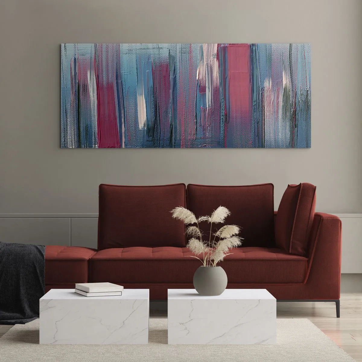 Impression sur verre - Image sur verre - Composition verticale en bleu et rouge - 100x40 cm