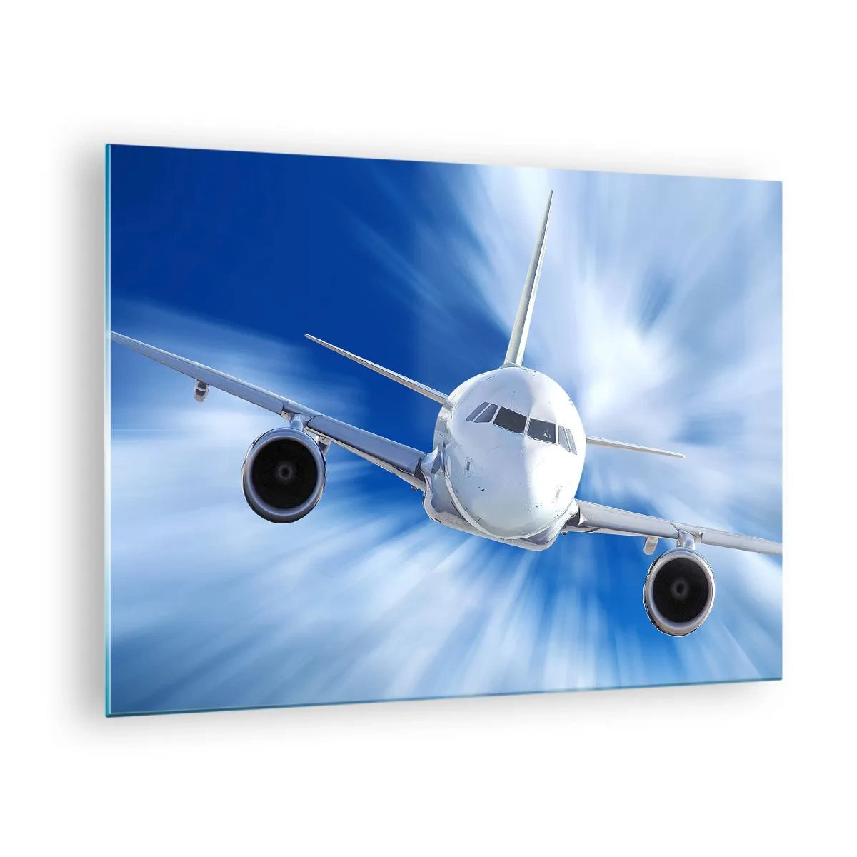 Impression sur verre - Image sur verre - Un avion de ligne contre un ciel bleu dynamique - 70x50cm - Plus vite que le vent dans le ciel - Décoration murale moderne pour le salon et la chambre ARTTOR