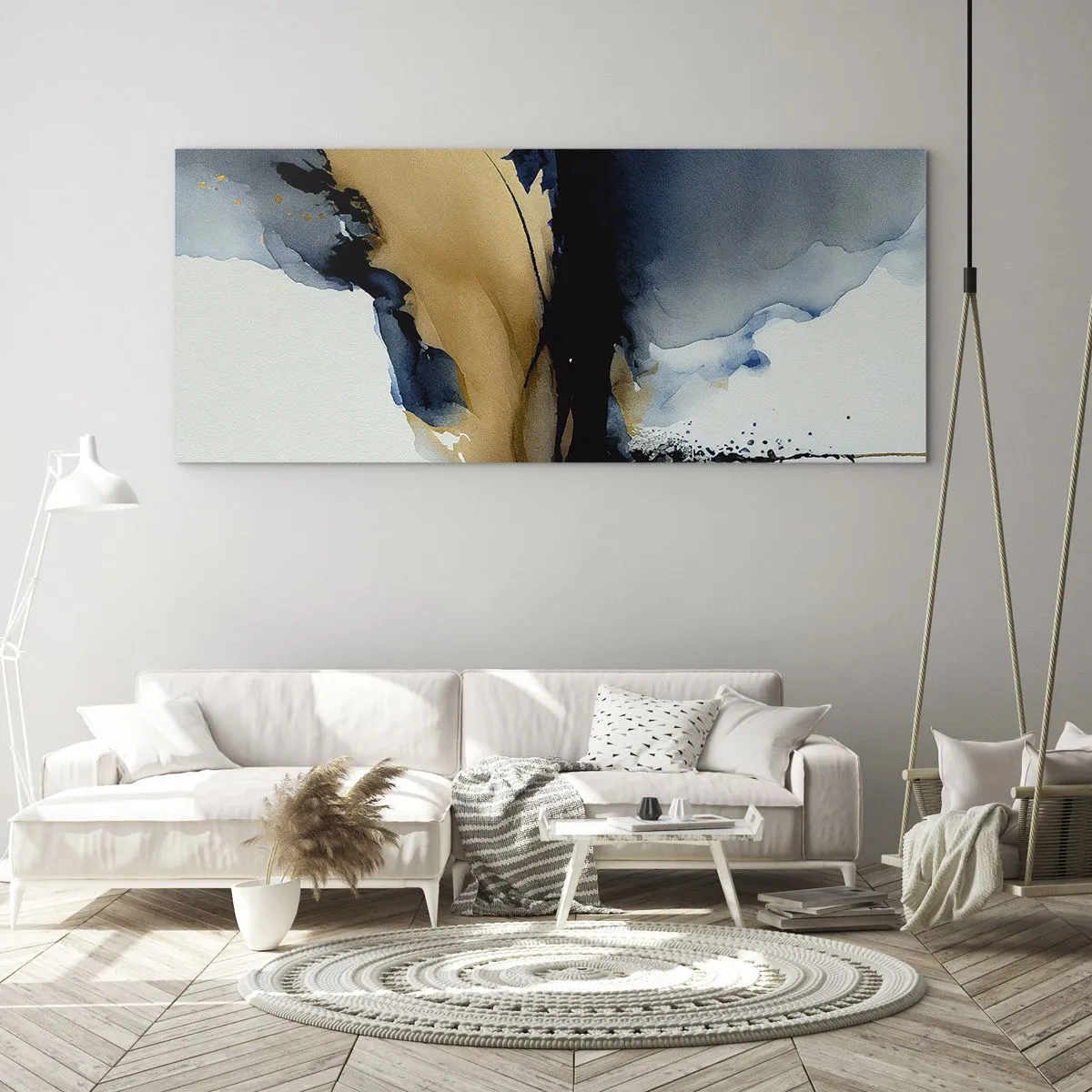 Impression sur verre - Image sur verre - Une composition abstraite dans les tons bleu marine et or - 160x50cm - Derrière le rideau - Décoration murale moderne pour le salon et la chambre ARTTOR