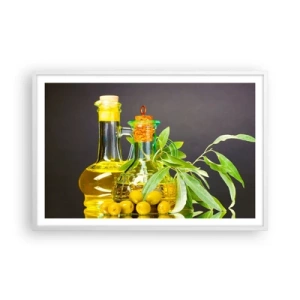 Affiche dans un cadre blanc - Poster - Nature morte aux olives et à l'huile d'olive - 91x61 cm