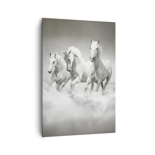 Impression sur toile - Image sur toile - Trois chevaux blancs galopant dans l'eau - 70x100cm - La folie blanche - Décoration murale moderne pour le salon et la chambre ARTTOR