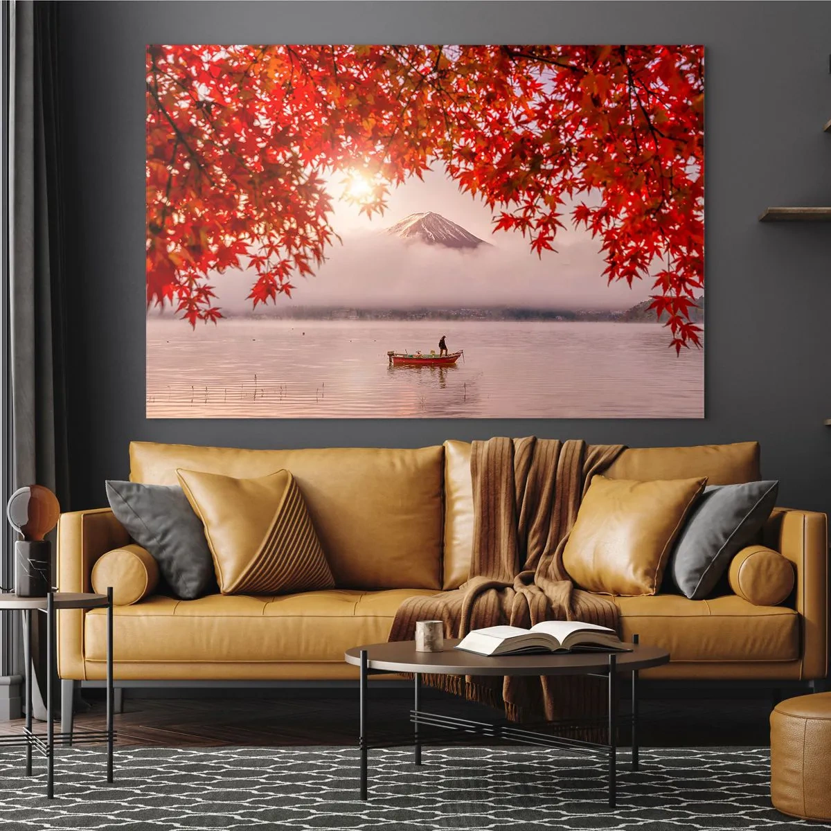 Impression sur verre - Image sur verre - Mont Fuji avec un bateau sur un lac entouré de feuilles rouges - 70x50cm - Dans le climat japonais - Décoration murale moderne pour le salon et la chambre ARTTOR