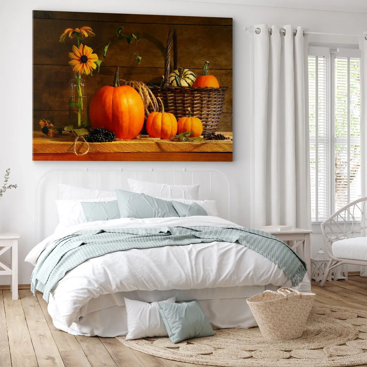 Impression sur toile - Image sur toile - Composition d'automne avec citrouilles et fleurs sur fond de bois - 70x50cm - Une composition rustique - cadeaux d'automne - Décoration murale moderne pour le salon et la chambre ARTTOR