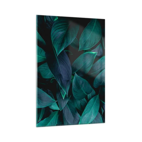 Impression sur verre - Image sur verre - Gros plan de feuilles vertes sur fond sombre - 80x120cm - le vert lui-même - Décoration murale moderne pour le salon et la chambre ARTTOR