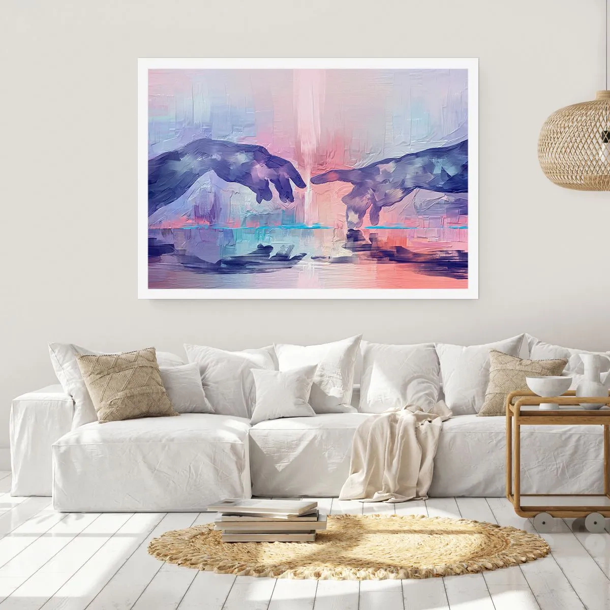 Affiche - Poster - Mains symboliques aux couleurs abstraites, faisant référence au thème de la création - 100x70cm - Divine étincelle de vie - Décoration murale moderne pour le salon et la chambre ARTTOR