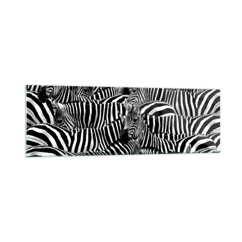 Impression sur verre - Image sur verre - Un groupe de zèbres avec des rayures noires et blanches créant un motif de symétrie. - 160x50cm - Portrait collectif à rayures - Décoration murale moderne pour le salon et la chambre ARTTOR