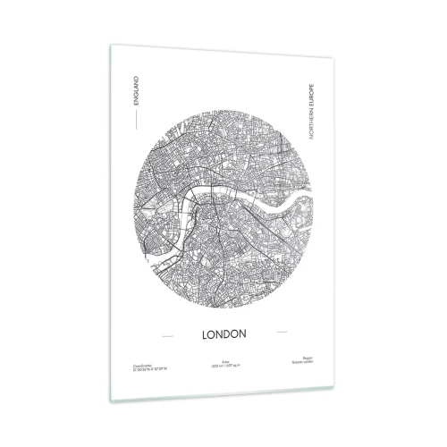 Impression sur verre - Image sur verre - Une carte détaillée de Londres dans un style graphique noir et blanc. - 50x70cm - Anatomie de Londres - Décoration murale moderne pour le salon et la chambre ARTTOR