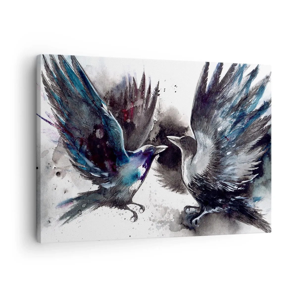 Impression sur toile - Image sur toile - Corbeaux artistiques dans une composition aquarelle dynamique - 70x50cm - Le corbeau des corbeaux - Décoration murale moderne pour le salon et la chambre ARTTOR