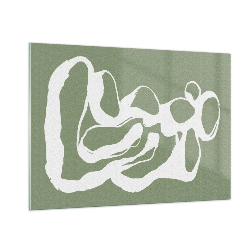 Impression sur verre - Image sur verre - Forme organique blanche abstraite sur fond olive - 100x70cm - L'appel de l'espace - Décoration murale moderne pour le salon et la chambre ARTTOR