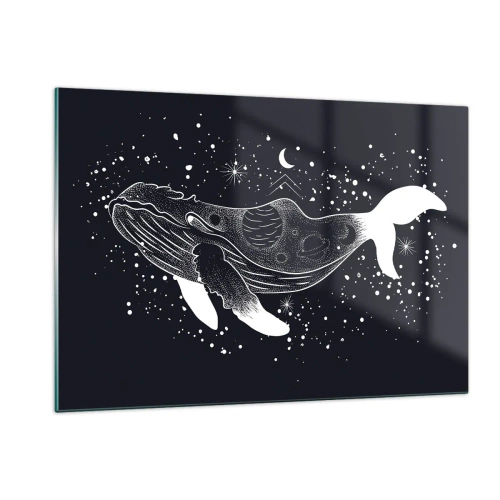 Impression sur verre - Image sur verre - Silhouette blanche graphique d'une baleine flottant dans l'espace - 120x80cm - Dans l'océan de l'univers - Décoration murale moderne pour le salon et la chambre ARTTOR