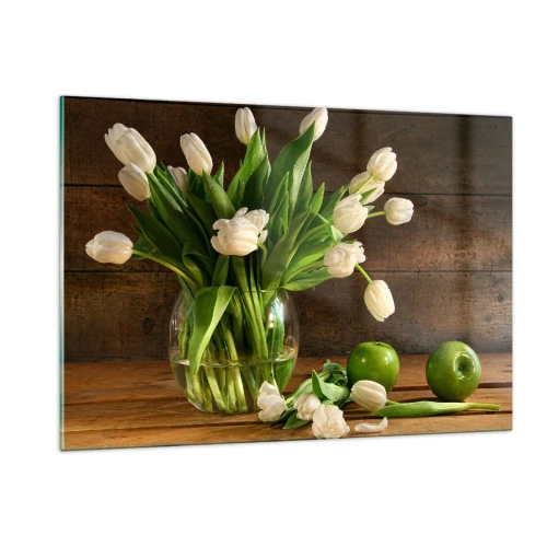 Impression sur verre - Image sur verre - Un vase de tulipes blanches et de pommes vertes sur une table en bois - 120x80cm - Juteux et frais en vert et blanc - Décoration murale moderne pour le salon et la chambre ARTTOR