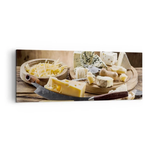 Impression sur toile - Image sur toile - Un plateau de fromages avec différents types sur une table en bois - 140x50cm - Sourire au fromage - Décoration murale moderne pour le salon et la chambre ARTTOR