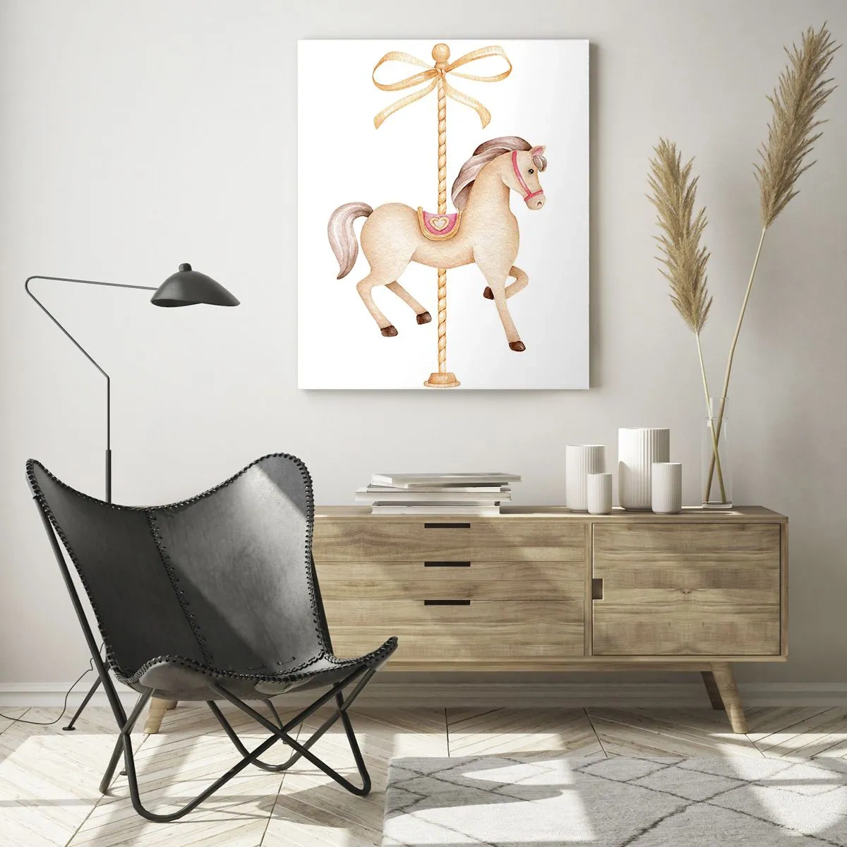 Impression sur verre - Image sur verre - Cheval de carrousel beige avec un nœud sur fond blanc - 50x70cm - Un trot gracieux - Décoration murale moderne pour le salon et la chambre ARTTOR