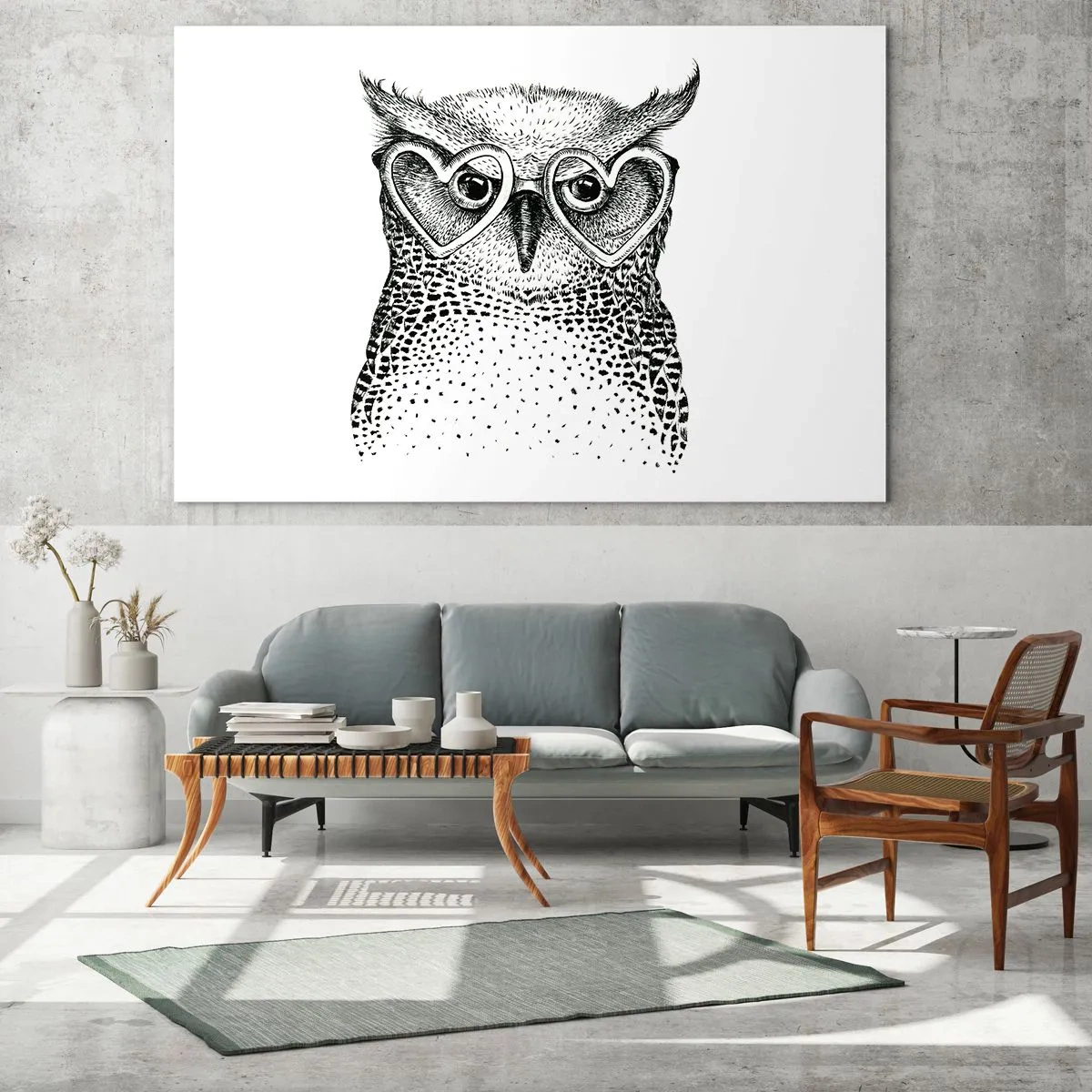 Impression sur verre - Image sur verre - Illustration d'un hibou portant des lunettes en forme de cœur - 70x50cm - Sagement et avec amour - Décoration murale moderne pour le salon et la chambre ARTTOR