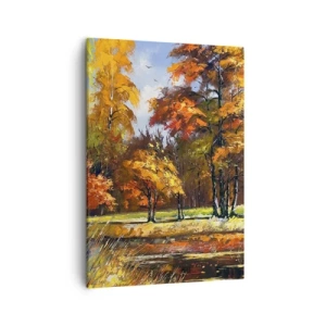 Impression sur toile - Image sur toile - Paysage d'automne avec des arbres colorés et un étang - 50x70cm - Paysage en or et bronze - Décoration murale moderne pour le salon et la chambre ARTTOR