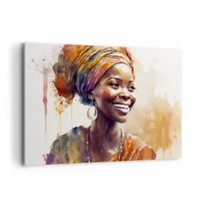 Impression sur toile - Image sur toile - Portrait d'une femme souriante dans un foulard coloré à l'aquarelle - 120x80cm - reine africaine - Décoration murale moderne pour le salon et la chambre ARTTOR