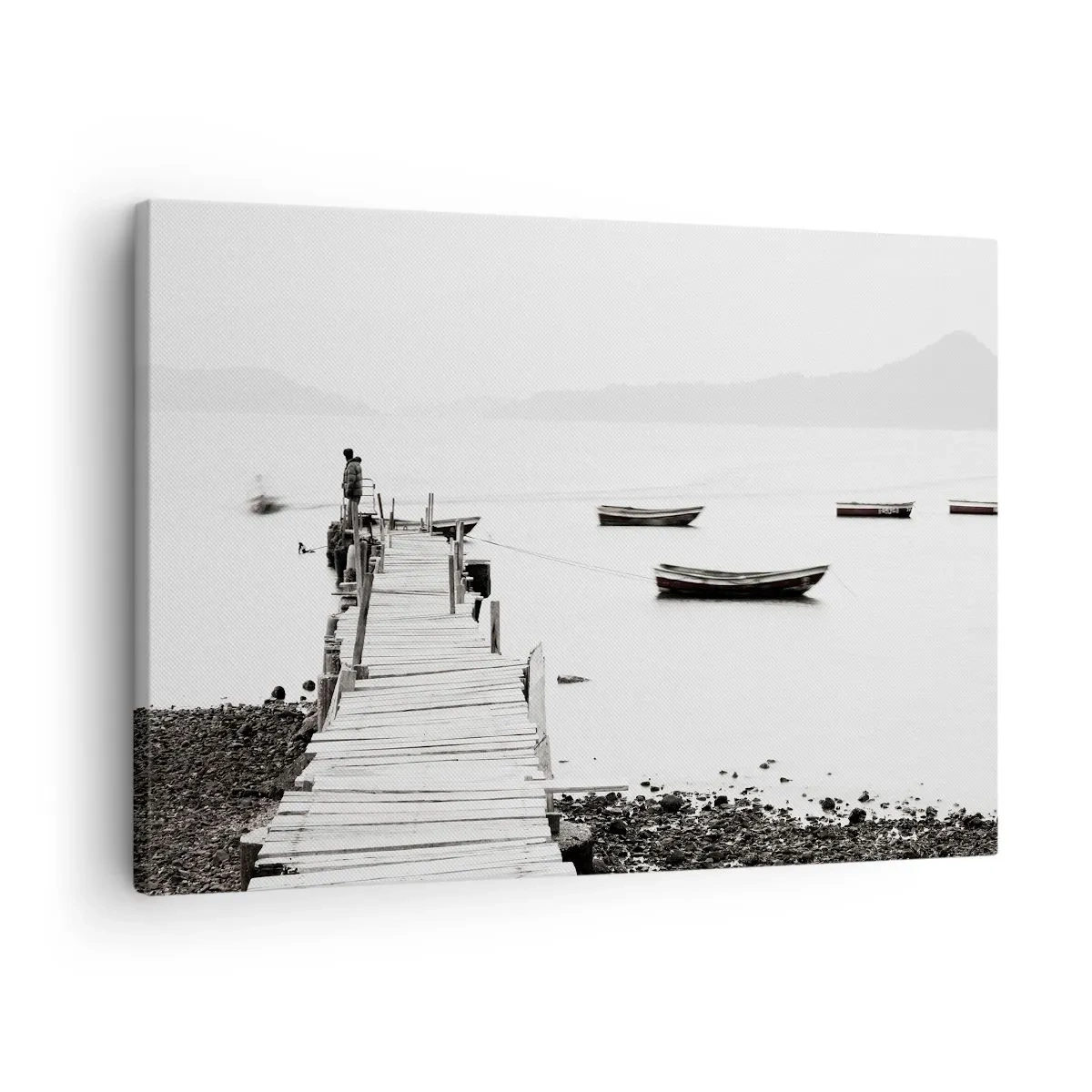 Impression sur toile - Image sur toile - Jetée en bois et bateaux sur une eau calme - 70x50cm - Calme et propre au bord de l'eau - Décoration murale moderne pour le salon et la chambre ARTTOR
