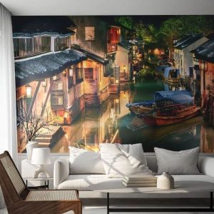Papier Peint Photo Premium Sand - Soirée dans une rue chinoise - Paysage, Ville, Asie - 250x175 cm