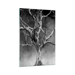 Impression sur verre - Image sur verre - Un arbre sec en noir et blanc contre le brouillard - 70x100cm - Primordial et sacré - Décoration murale moderne pour le salon et la chambre ARTTOR