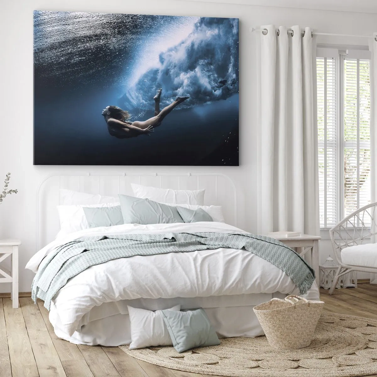 Impression sur toile - Image sur toile - Prise de vue sous-marine avec une femme et des bulles d'air - 70x50cm - Sirène moderne - Décoration murale moderne pour le salon et la chambre ARTTOR