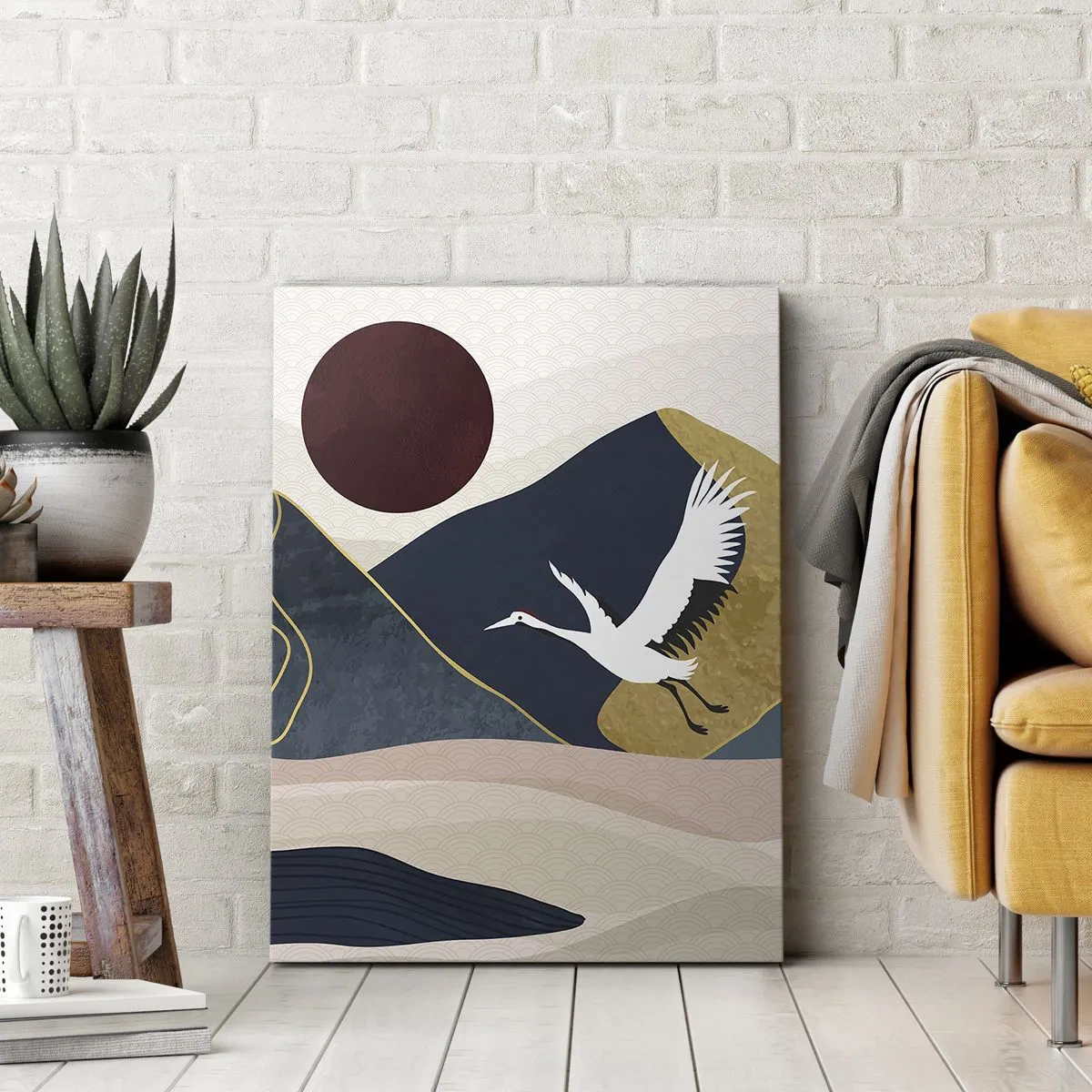 Impression sur toile - Image sur toile - Grues en vol sur fond de montagnes et de soleil rouge - 80x120cm - Encore une fois, la journée s'est ÉCOULÉE - Décoration murale moderne pour le salon et la chambre ARTTOR