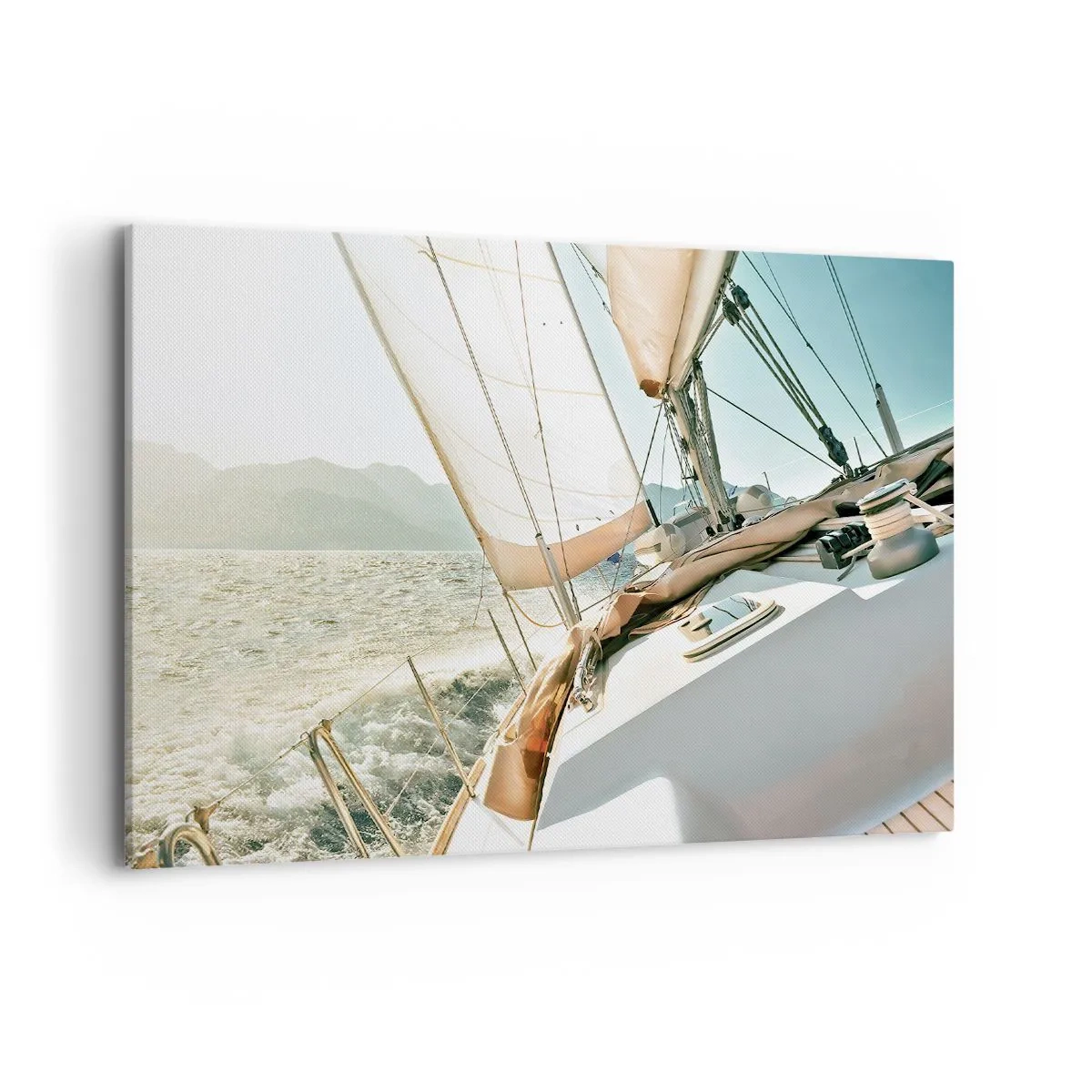Impression sur toile - Image sur toile - Un yacht en pleine mer avec vue sur les montagnes - 100x70cm - Toutes voiles dehors - Décoration murale moderne pour le salon et la chambre ARTTOR