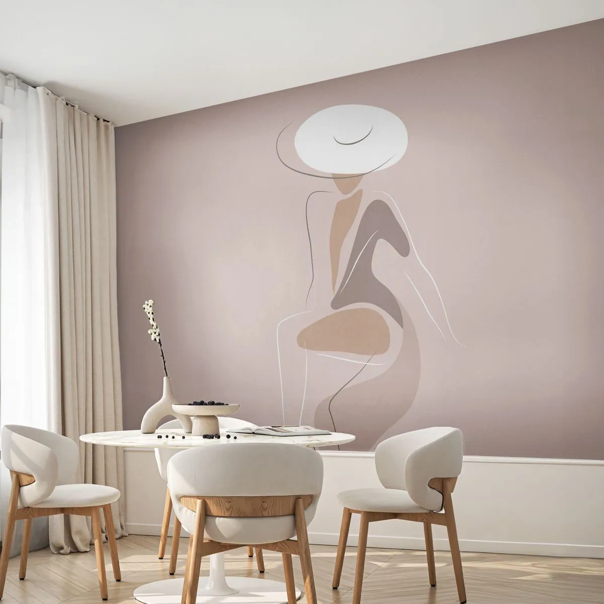 Papier Peint Photo Premium Sand - Femme au chapeau dans un style linéaire minimaliste - 100x70cm - Être une dame - Décoration murale moderne pour le salon et la chambre ARTTOR