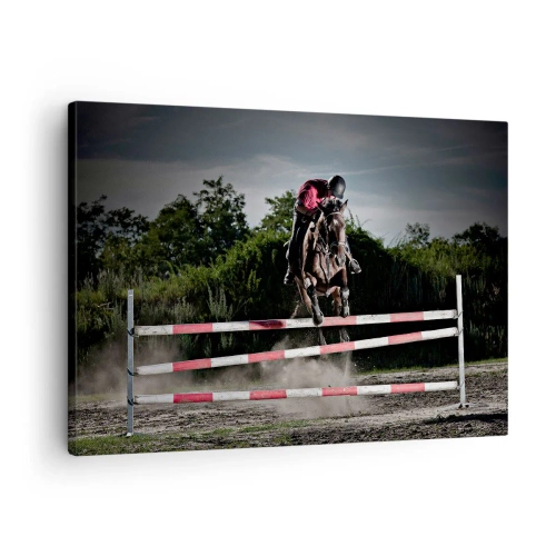 Impression sur toile - Image sur toile - Un cavalier sur un cheval sautant par-dessus un obstacle sur une piste de course - 70x50cm - Ensemble pour la victoire - Décoration murale moderne pour le salon et la chambre ARTTOR
