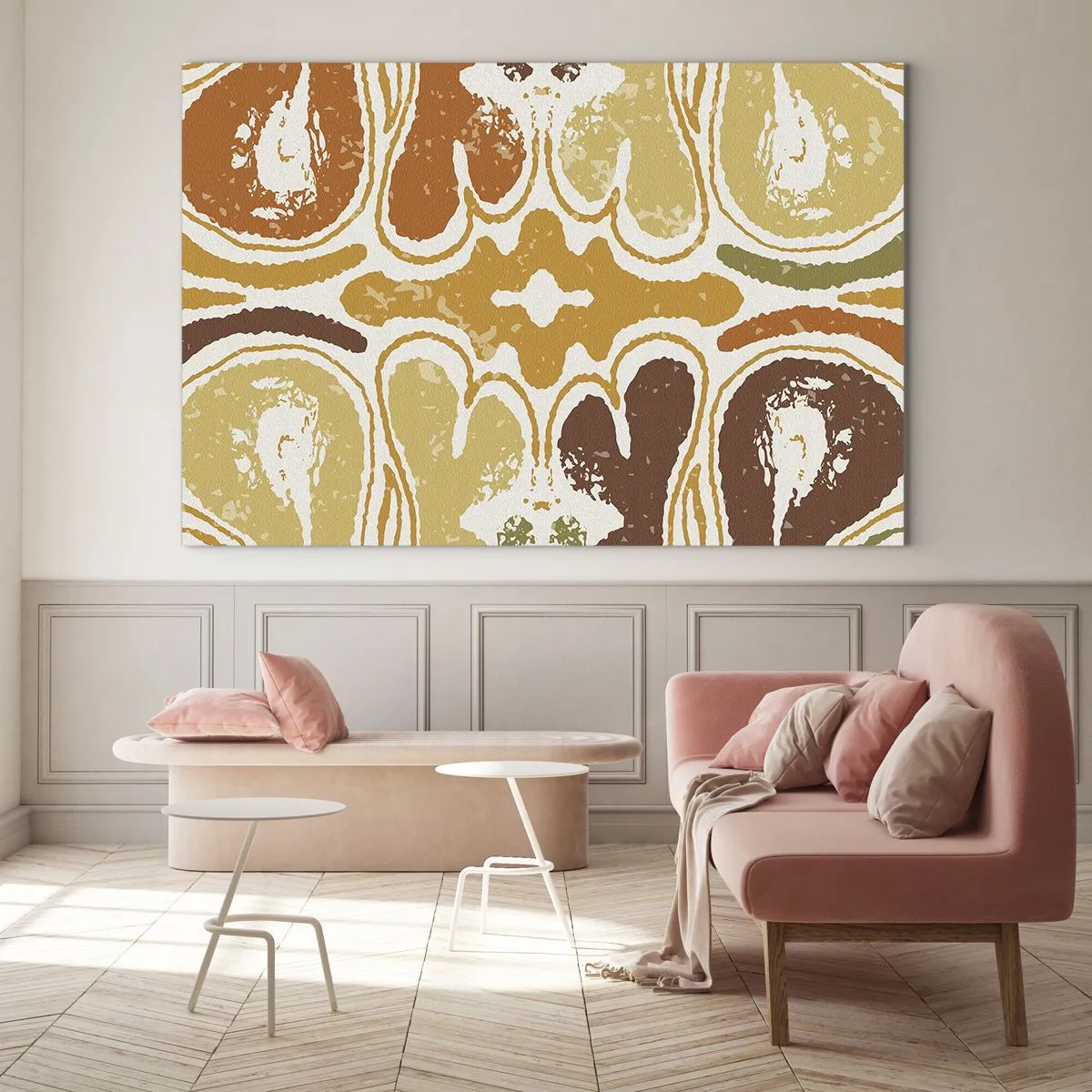 Impression sur verre - Image sur verre - Abstraction symétrique dans des tons terreux et chauds - 100x70cm - Abstraction sentimentale - Décoration murale moderne pour le salon et la chambre ARTTOR