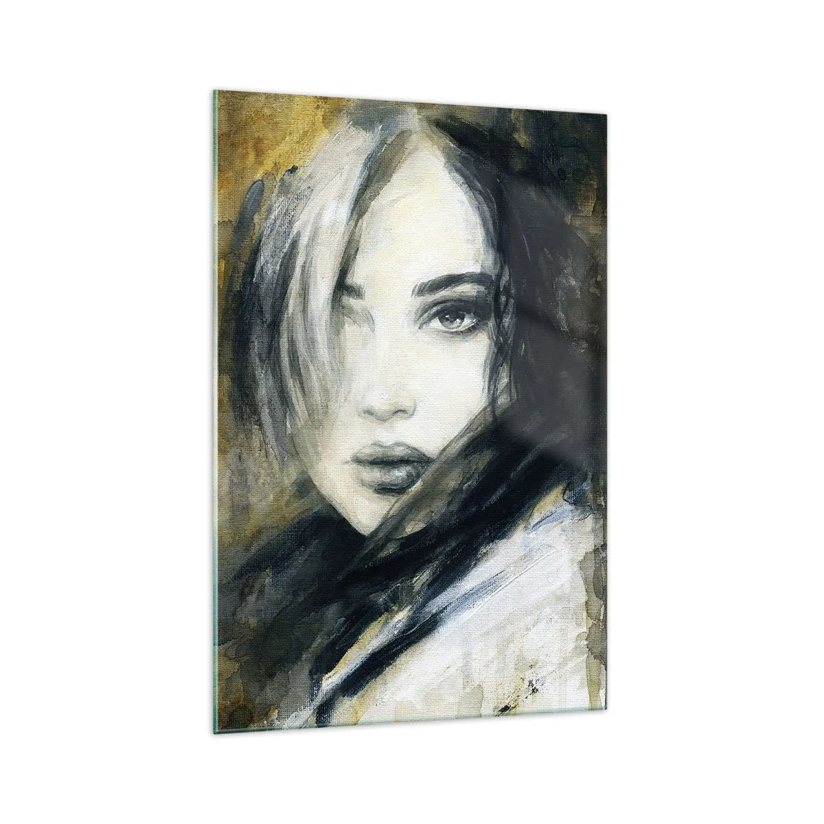 Impression sur verre - Image sur verre - Portrait d'une femme sur fond de taches abstraites dans les tons beiges - 70x100cm - plutôt innocente ou sensuelle ? - Décoration murale moderne pour le salon et la chambre ARTTOR