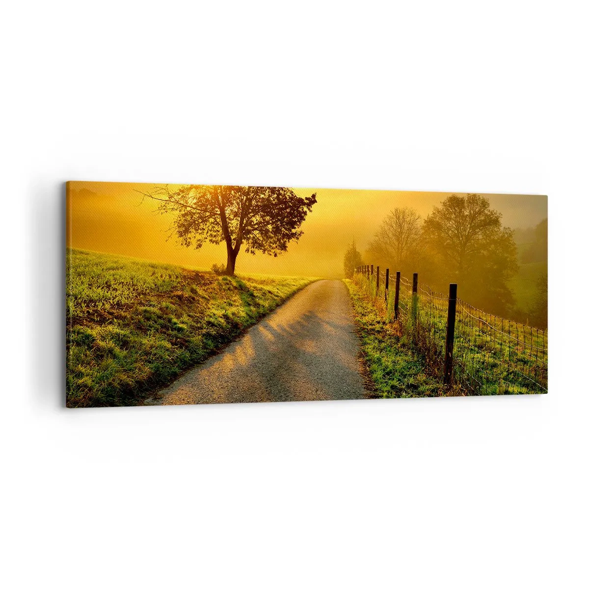 Impression sur toile - Image sur toile - Une route pittoresque au coucher du soleil avec un arbre solitaire en arrière-plan - 120x50cm - Après-midi de miel - Décoration murale moderne pour le salon et la chambre ARTTOR