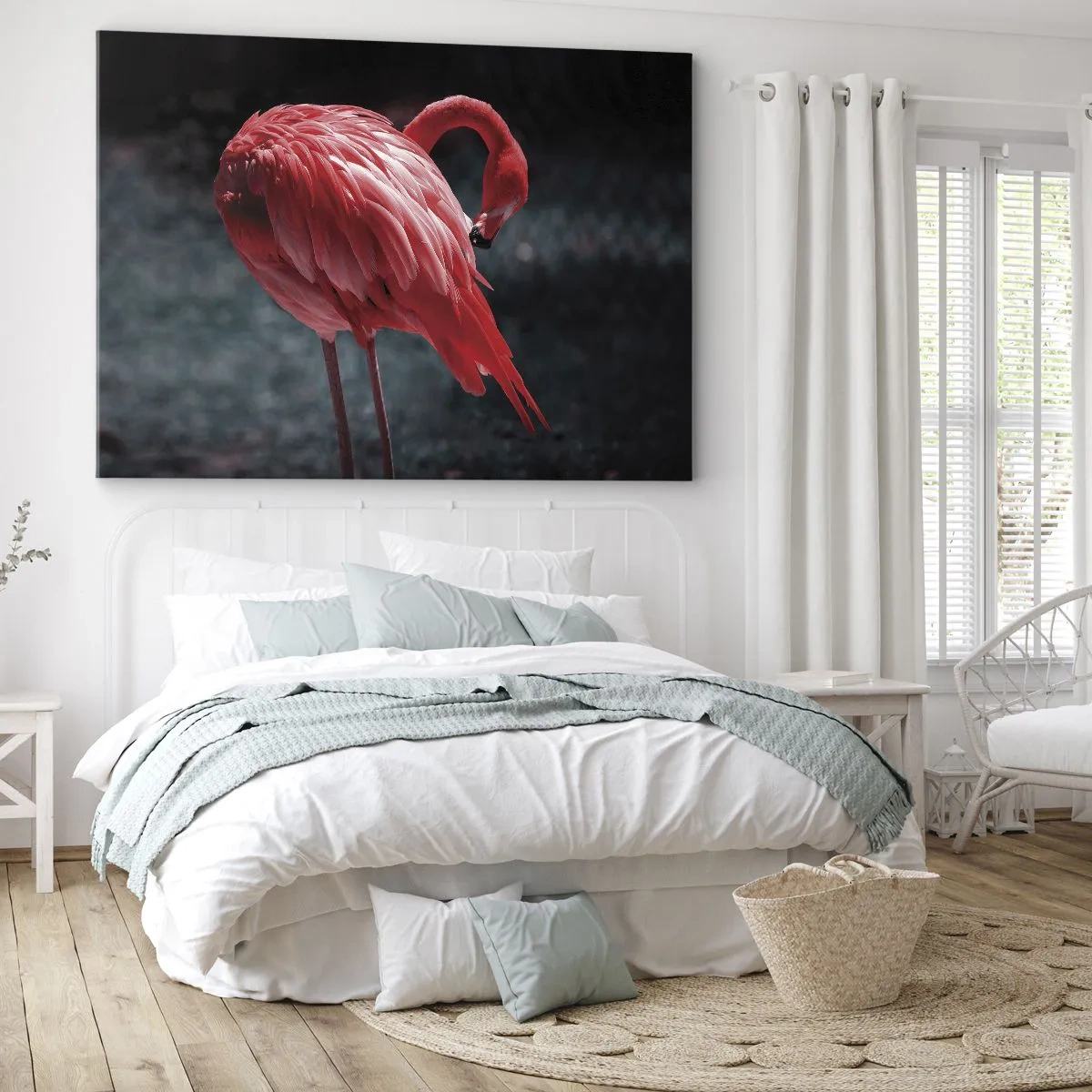 Impression sur toile - Image sur toile - Un flamant rose sur fond vert foncé - 70x50cm - Poème cramoisi de la nature - Décoration murale moderne pour le salon et la chambre ARTTOR