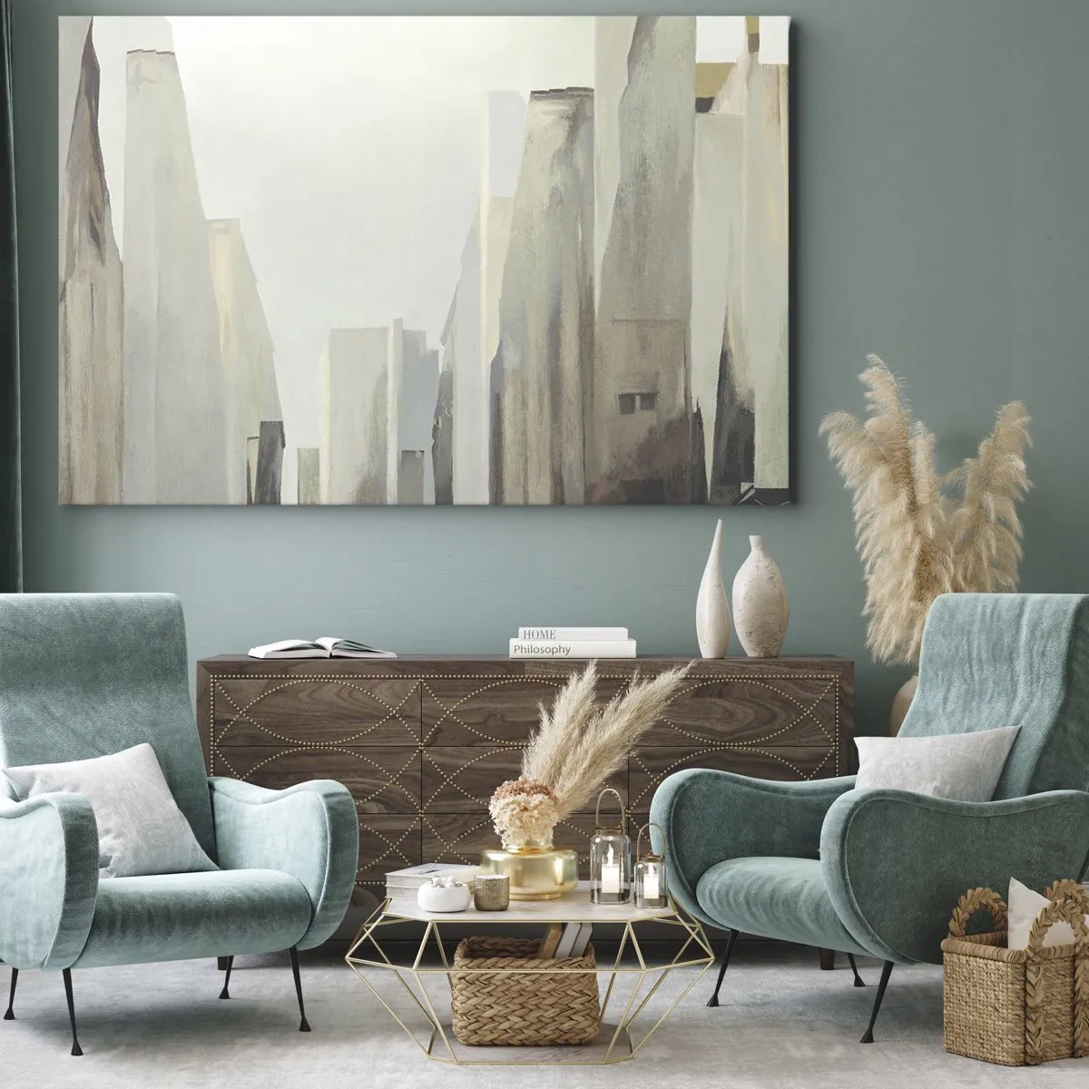 Impression sur toile - Image sur toile - Paysage urbain abstrait aux tons pastel - 120x80cm - Rêve de la ville - Décoration murale moderne pour le salon et la chambre ARTTOR