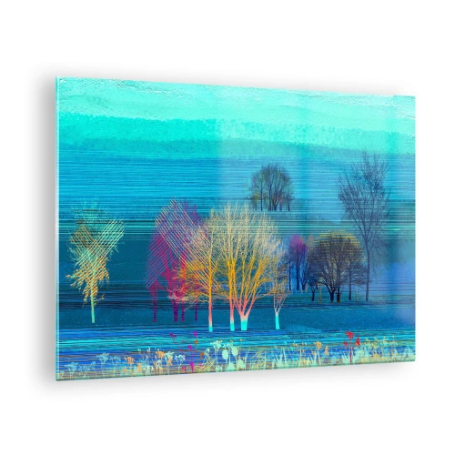 Impression sur verre - Image sur verre - Un paysage coloré avec des arbres sur un fond de tons bleus - 70x50cm - Un paysage soigné - Décoration murale moderne pour le salon et la chambre ARTTOR