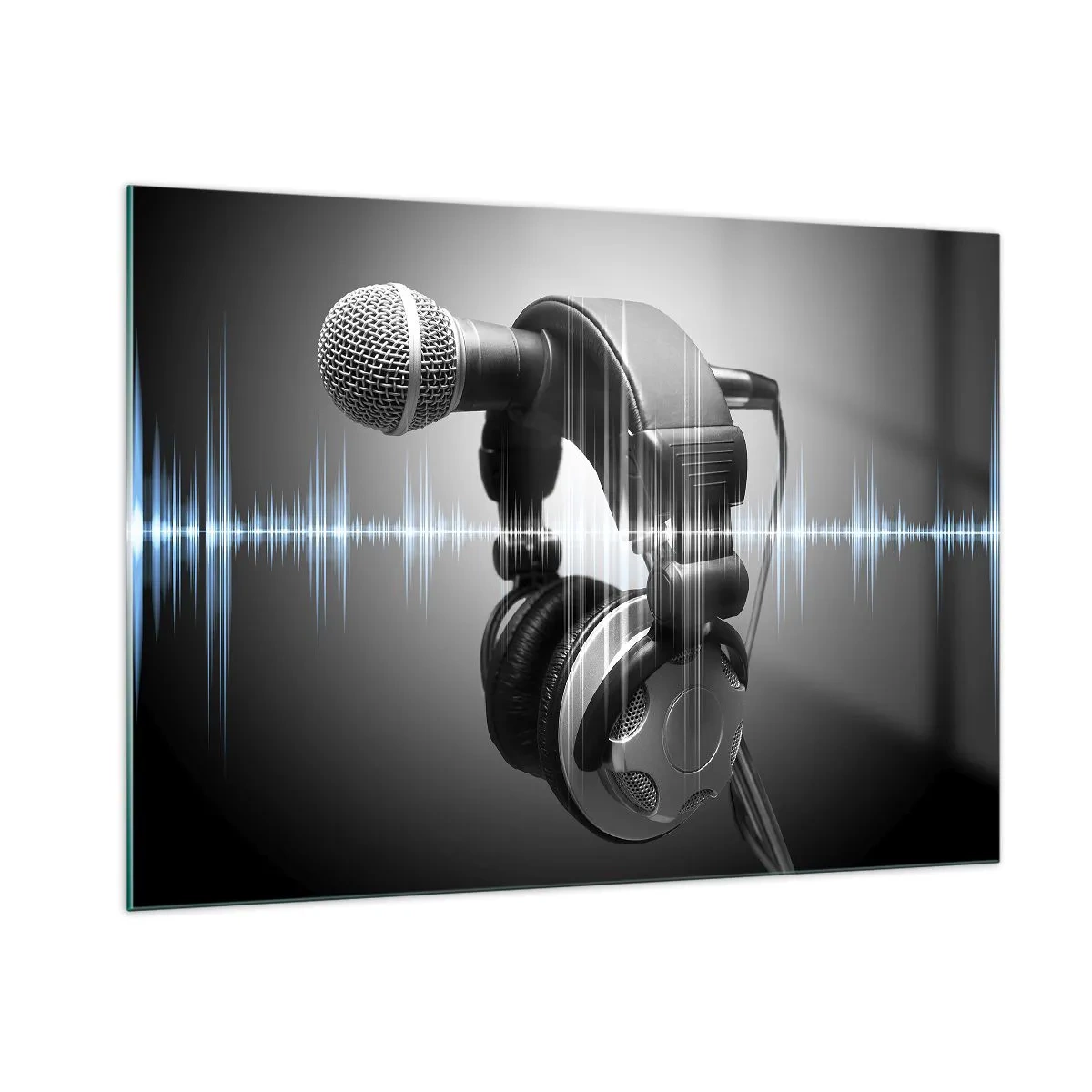 Impression sur verre - Image sur verre - Microphone avec casque sur fond d'ondes sonores - 100x70cm - Vous pouvez encore entendre son chant - Décoration murale moderne pour le salon et la chambre ARTTOR
