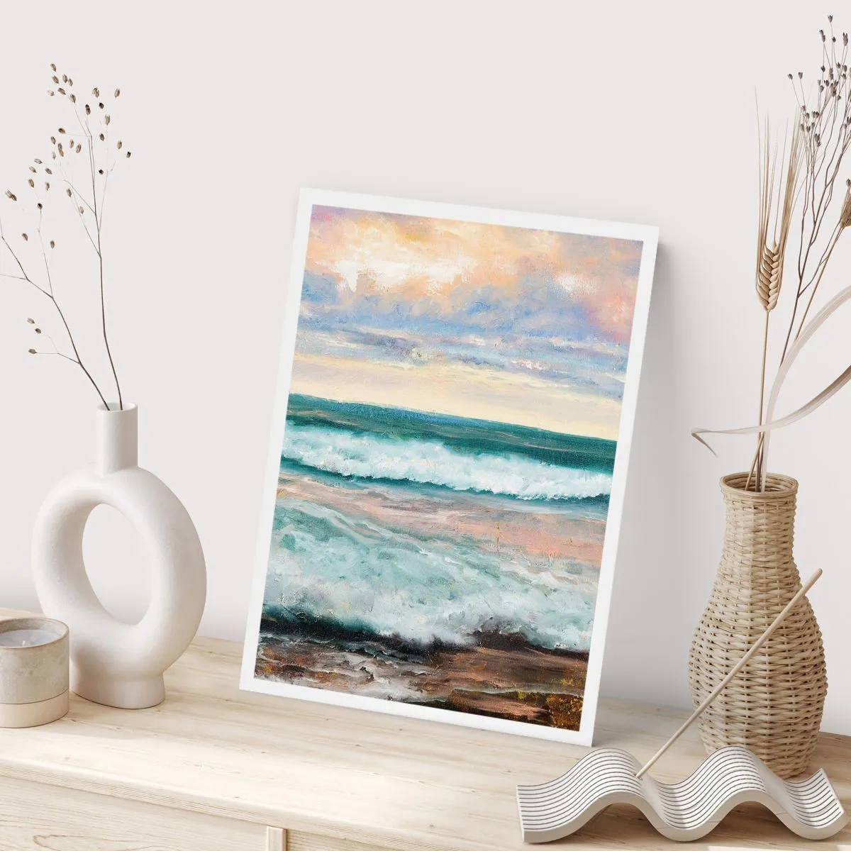 Affiche - Poster - Vagues de la mer au coucher du soleil - 50x70cm - Ici tu adouciras ton âme - Décoration murale moderne pour le salon et la chambre ARTTOR