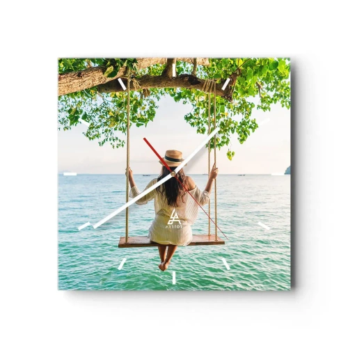 Horloge murale - Pendule murale - Femme sur une balançoire au bord de la mer dans un paysage tropical - 30x30cm - La vie est belle - Décoration murale moderne pour le salon et la chambre ARTTOR