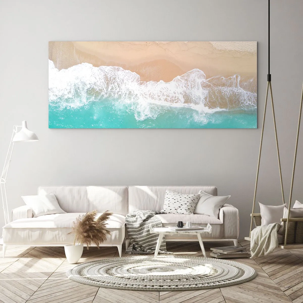 Impression sur verre - Image sur verre - Vue plongeante sur une plage aux eaux turquoise et aux vagues douces - 120x50cm - Caresse de l'océan - Décoration murale moderne pour le salon et la chambre ARTTOR