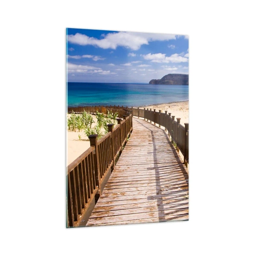 Impression sur verre - Image sur verre - Chemin en bois menant à la plage avec vue sur l'océan - 70x100cm - Emmène-moi dans les îles du bonheur - Décoration murale moderne pour le salon et la chambre ARTTOR
