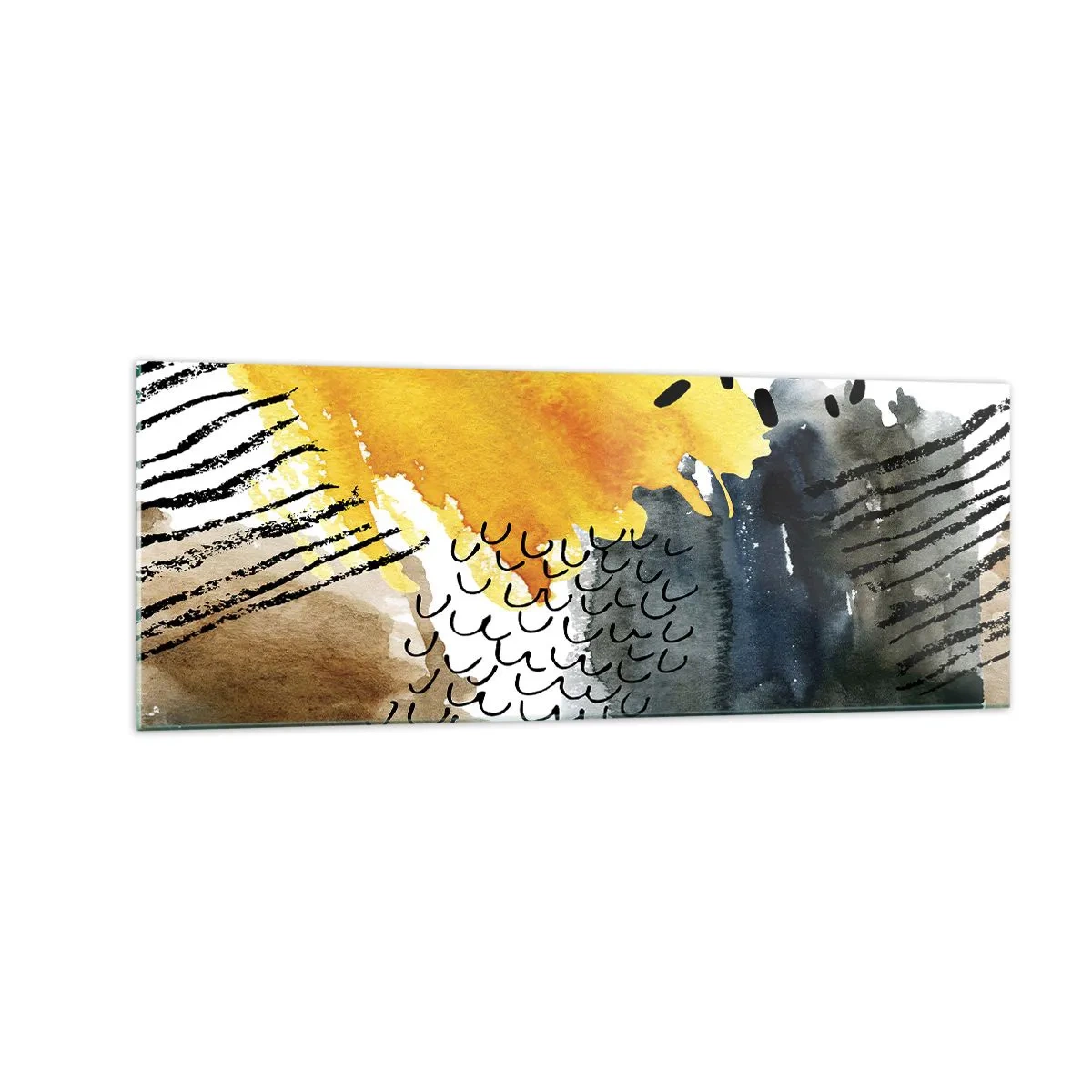Impression sur verre - Image sur verre - Une composition abstraite avec des accents jaunes et des motifs graphiques. - 140x50cm - Rencontre des éléments - Décoration murale moderne pour le salon et la chambre ARTTOR