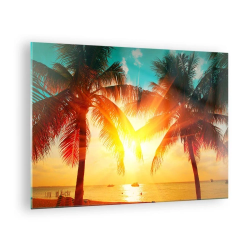 Impression sur verre - Image sur verre - Palmiers ensoleillés sur une plage tropicale - 70x50cm - Couple exotique - Décoration murale moderne pour le salon et la chambre ARTTOR