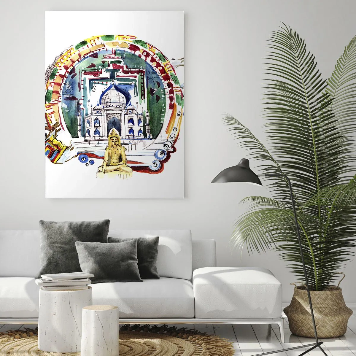 Impression sur verre - Image sur verre - Illustration colorée de monuments indiens à l'aquarelle - 50x70cm - Équilibre mondial hindou - Décoration murale moderne pour le salon et la chambre ARTTOR