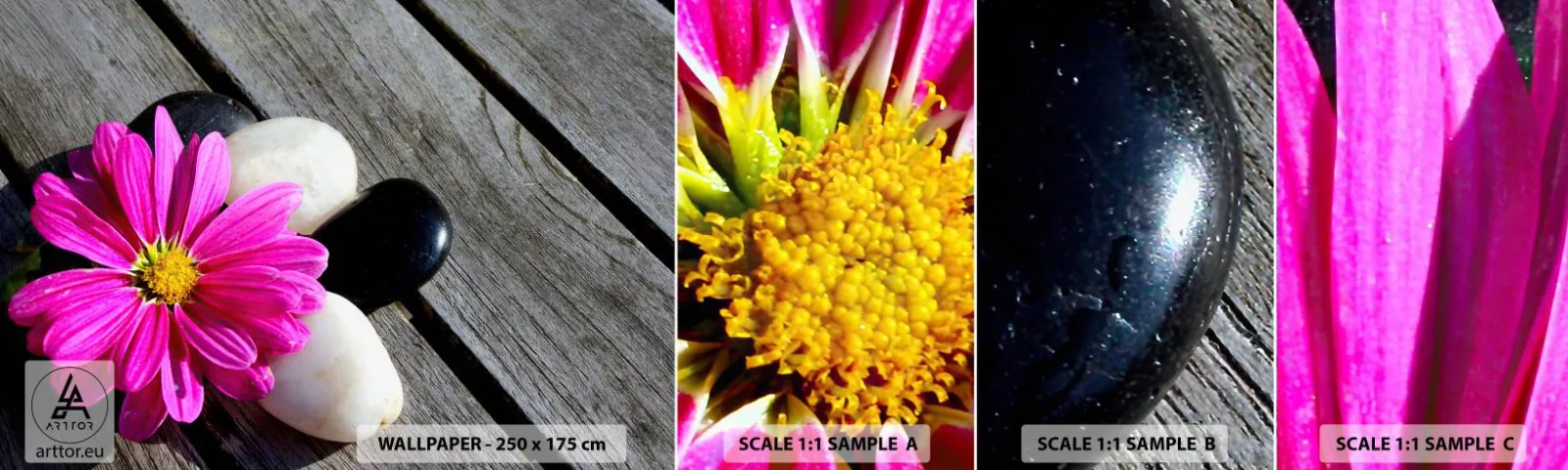 Échantillon de Papier Peint Autocollant Deluxe Sticker - Repos sur la jetée - Fleur, Des pierres, Pont de bois - 100x30 cm