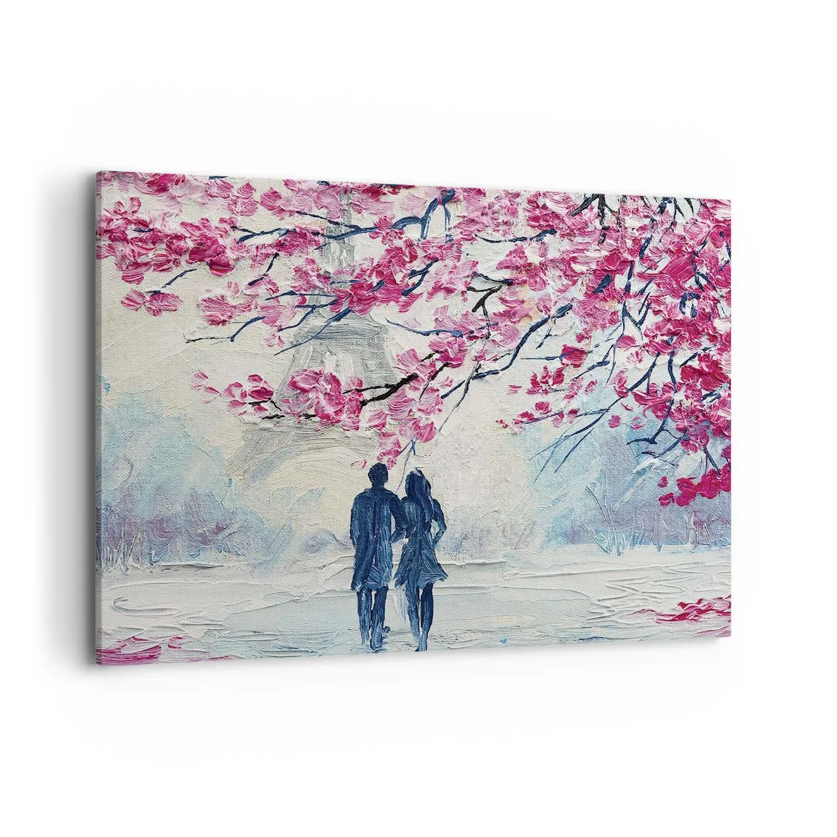 Impression sur toile - Image sur toile - Un couple sous des arbres roses en fleurs dans un cadre romantique - 100x70cm - Ballade romantique - Décoration murale moderne pour le salon et la chambre ARTTOR