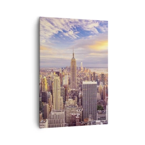 Impression sur toile - Image sur toile - Panorama d'une ville moderne avec des gratte-ciel au coucher du soleil - 70x100cm - Atteindre les nuages 